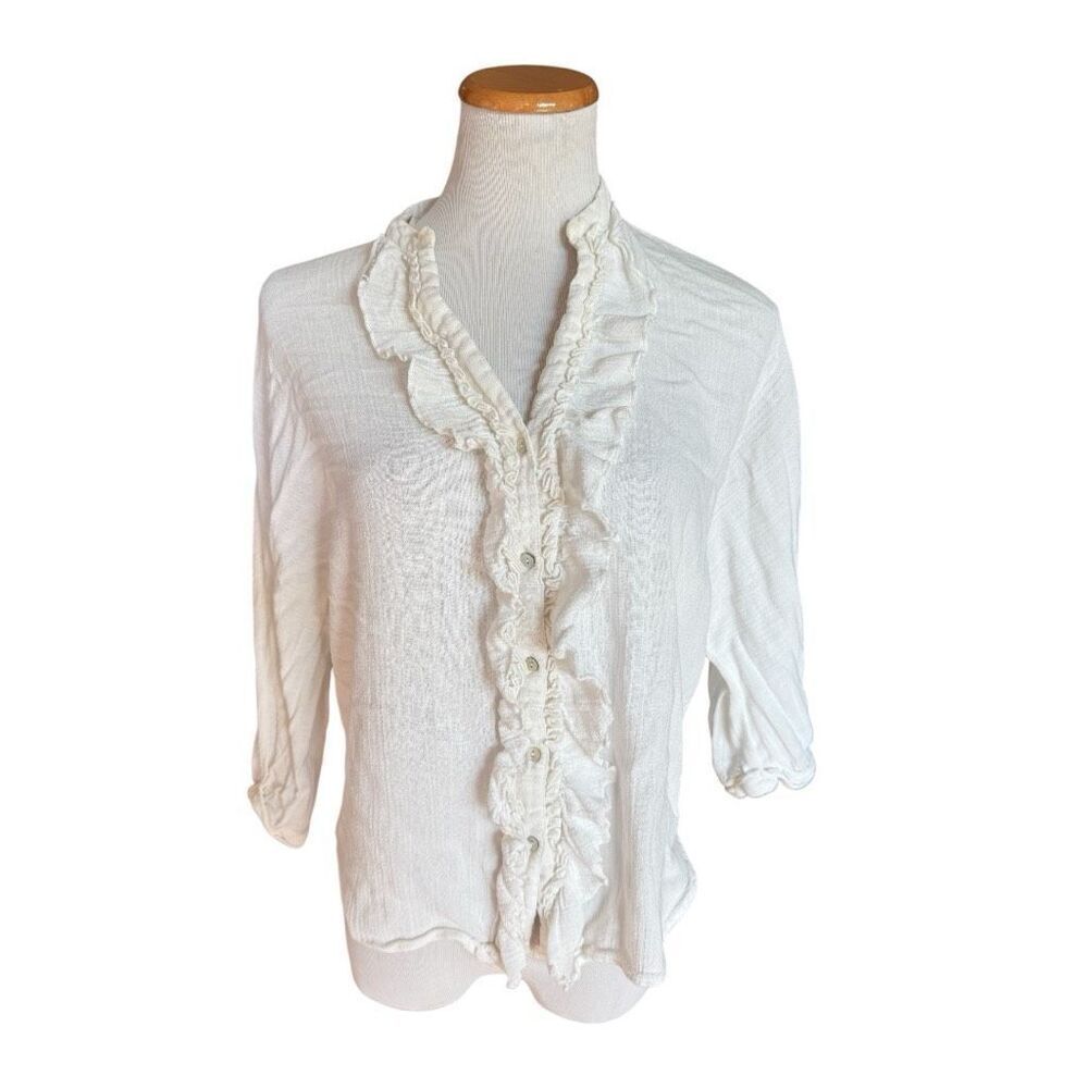 Womens Zara Jeans Button Down Ruffle 3/4 Sleeve Blouse Top - Sz S